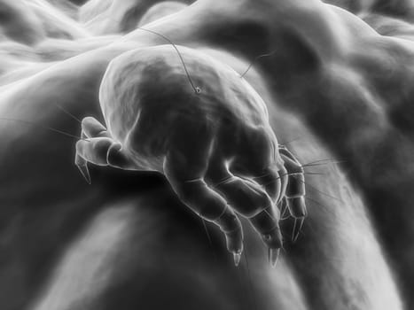 3d rendered black/white illustration of a mite on the skin