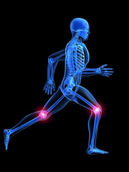 3d rendered anatomy illustration of a running skeleton with painful knees