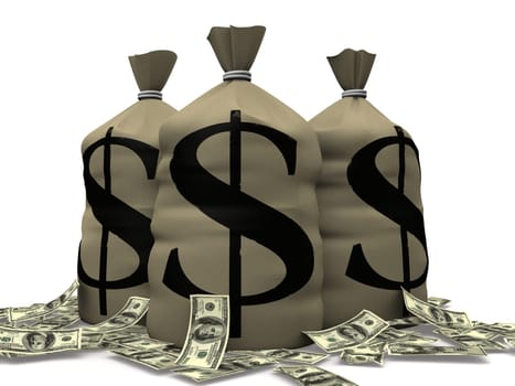 3d rendered illustration of three money sacks and dollar notes