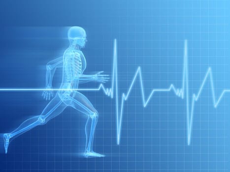 3d rendered anatomy illustration of a running skeleton with a heartbeat