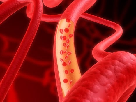 3d rendered illustration of arteries with streaming blood