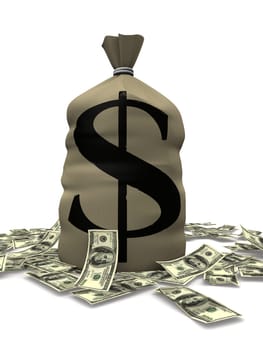 3d rendered illustration of one money sack and dollar notes