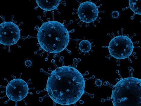 3d rendered illustration of many blue viruses