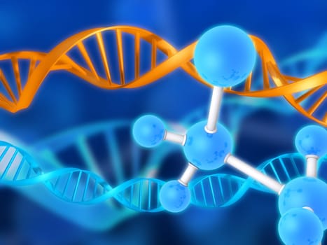 3d rendered illustration of double helix and molecules