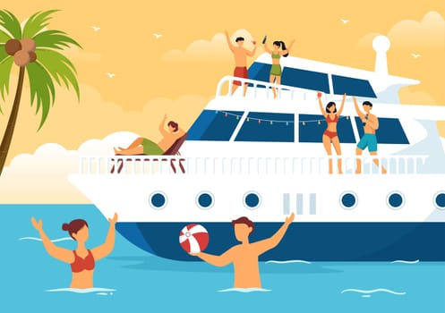 Yachts Template Hand Drawn Cartoon Flat Illustration with People Dancing, Sunbathing, Drinking Cocktails and Relaxing on Cruise Yacht at Ocean