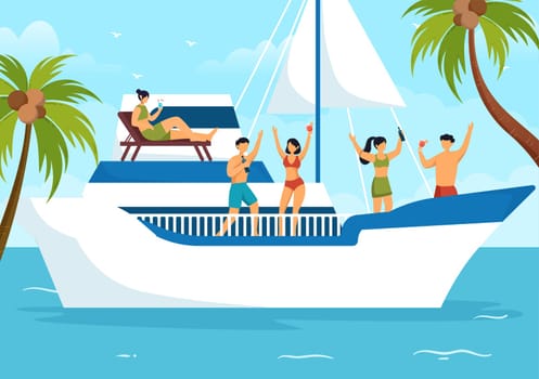 Yachts Template Hand Drawn Cartoon Flat Illustration with People Dancing, Sunbathing, Drinking Cocktails and Relaxing on Cruise Yacht at Ocean
