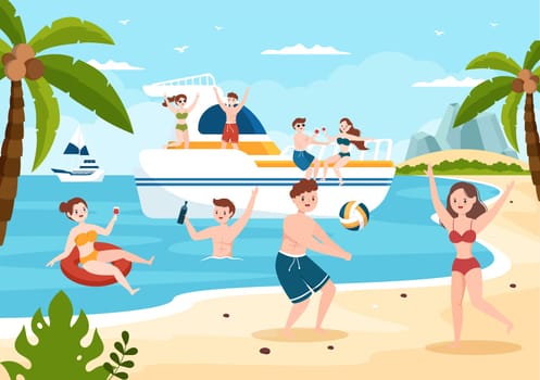Yachts Template Hand Drawn Cartoon Flat Illustration with People Dancing, Sunbathing, Drinking Cocktails and Relaxing on Cruise Yacht at Ocean