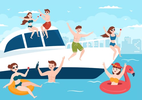 Yachts Template Hand Drawn Cartoon Flat Illustration with People Dancing, Sunbathing, Drinking Cocktails and Relaxing on Cruise Yacht at Ocean