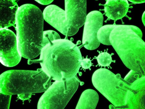3d rendered close up of different viruses and bacteria