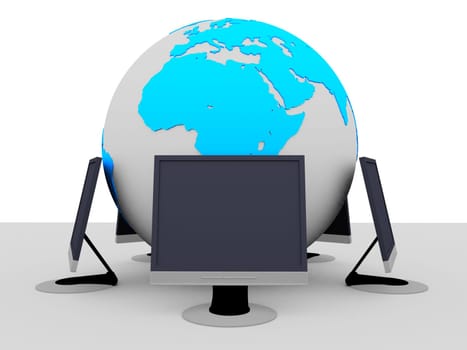 3d rendered illustration of a globe and tft displays