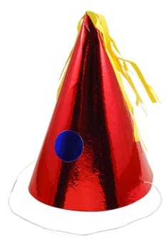A shiny red party hat with blue circle and yellow tassle
