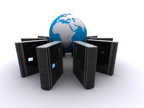 3d rendered illustration of many servers and a globe in the middle