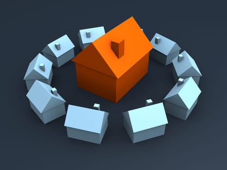 3d rendered illustration from a ring of simple blue houses and one orange house in the middle