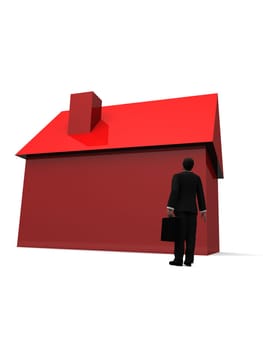 3d rendered illustration of a red house and a little man