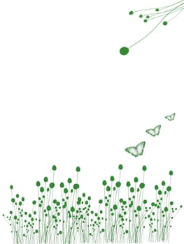 A green background with stalks and butterflies  .