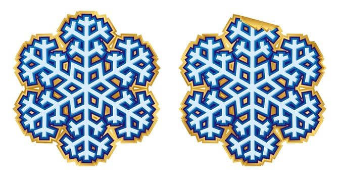 Snowflake sticker illustration normal and peeling version.  The vector version is a fully editable EPS 8 file, compressed in a zip file. Linear gradients, no transparencies. Can be scaled to any size without loss of quality.