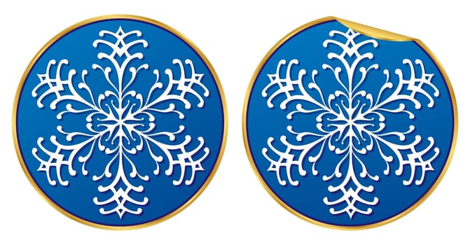 Round Snowflake sticker illustration normal and peeling version.  The vector version is a fully editable EPS 8 file, compressed in a zip file. Linear gradients, no transparencies. Can be scaled to any size without loss of quality.