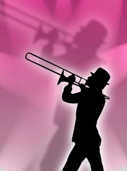 Trumpet player silhouette in the pink lights
