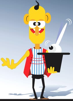 A rabbit is coming out of magicians hat