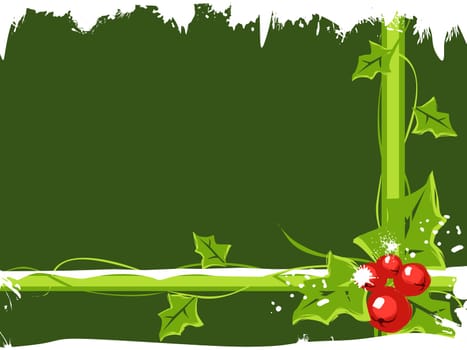 christmas holly berries with snow in green background