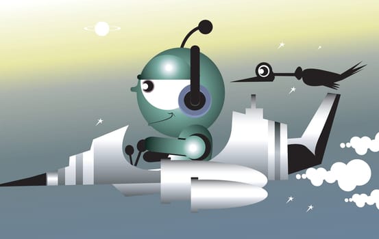 A cartoon character flying his jet with a bird sitting in the tail