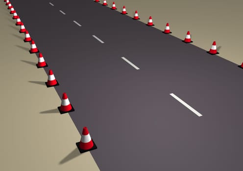 Illustrated road with lines of traffic cones