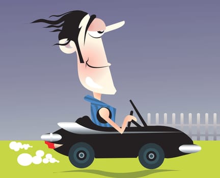 A man driving his car in a green ground