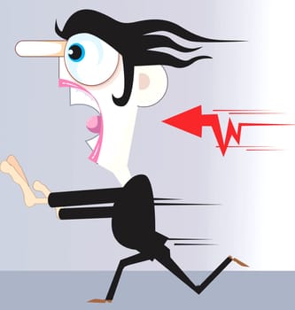 A man running away from a symbol of arrow