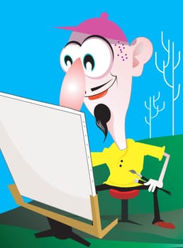 A painter sitting in a stool and painting a canvas