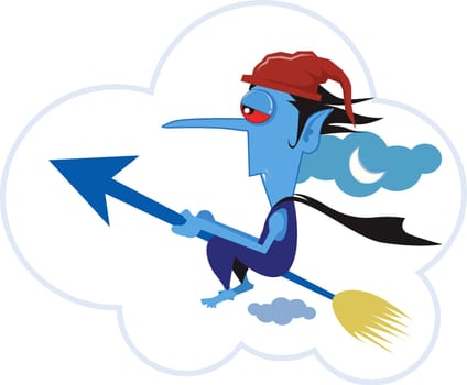 A cartoon character riding in his jet spear in moonlight