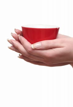 Red cup in female hands on a white background
