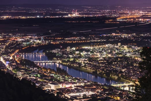 Aerial view - Heidelberg and Mannheim by night