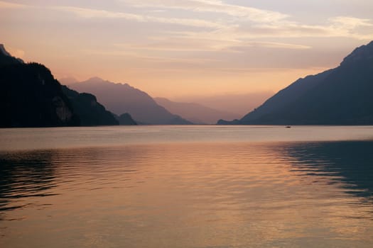 swiss lake at sunset in brienz, Switzerland