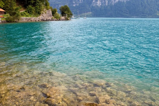 Alpine lake Brienz of Jungfrau region, viewed from Iseltwald in Switzerland