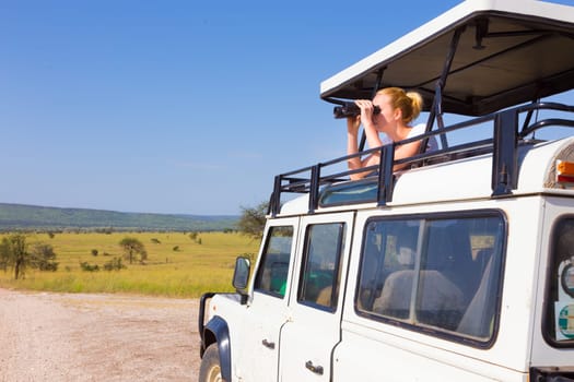 Young blond lady on safari standing in open roof jeep observing wild animals through binoculars.