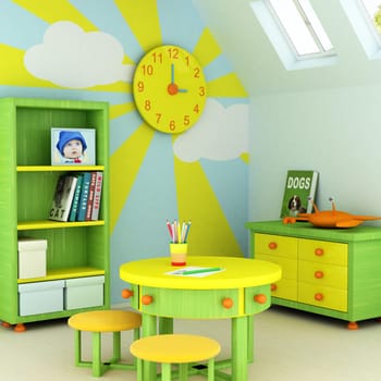 Picture of a baby, design on the wall, picture on the table and book covers are my own images.