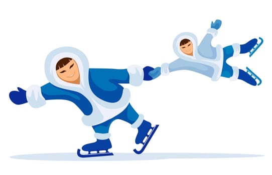 Smiling eskimo man with child skating on ice rink vector illustration