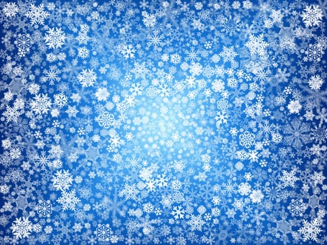 white snowflakes over blue background with feather center.