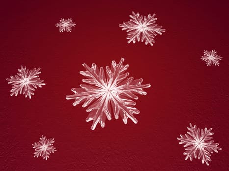 crystal snowflakes over red background with feather center.