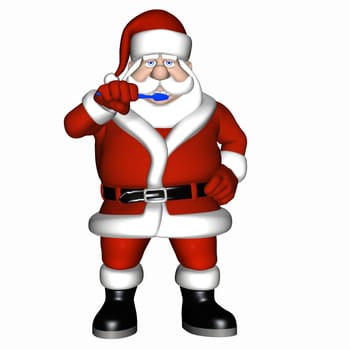 Santa brushing his teeth with a blue toothbrush..Isolated on a white background.