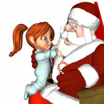 Little girl meeting Santa..Pulling at Santa's beard..Isolated on a white background.