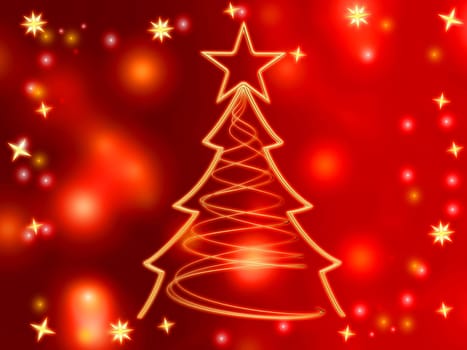 golden christmas tree with gold stars and lights over red background.