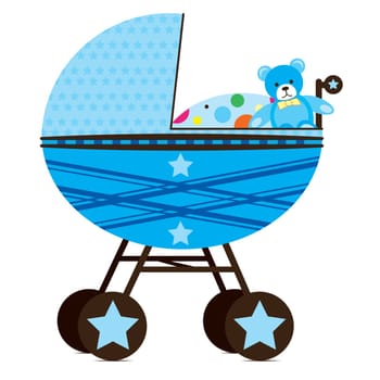 Illustration of a pram for a baby boy.