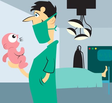 Illustration of a doctor having a new born n baby in the hand
