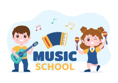Music School Template In Hand Drawn Cartoon Flat Illustration Playing Various Musical Instruments, Learning Education Musicians and Singers