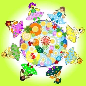 kids and planet  joyful illustration with planet earth, happy children and colorful flowers