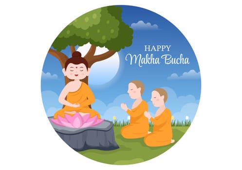 Happy Makha Bucha Day Template Hand Drawn Cartoon Flat Illustration Buddha Sitting in Lotus Flower under Bodhi Tree at Night Surrounded by Monk