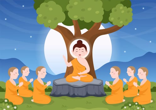 Happy Makha Bucha Day Template Hand Drawn Cartoon Flat Illustration Buddha Sitting in Lotus Flower under Bodhi Tree at Night Surrounded by Monk