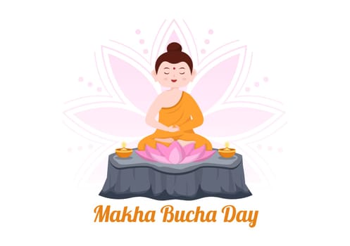 Happy Makha Bucha Day Template Hand Drawn Cartoon Flat Illustration Buddha Sitting in Lotus Flower under Bodhi Tree at Night Surrounded by Monk