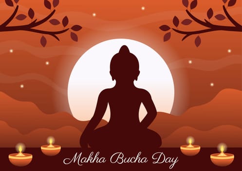 Happy Makha Bucha Day Template Hand Drawn Cartoon Flat Illustration Buddha Sitting in Lotus Flower under Bodhi Tree at Night Surrounded by Monk